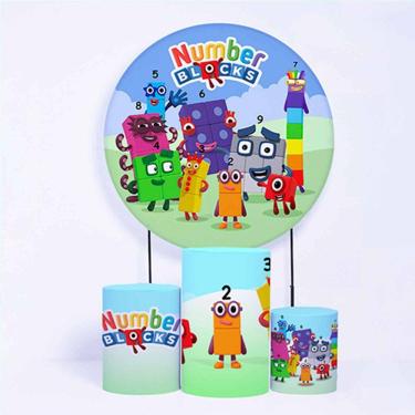 Imagem de Kit Painel de Festa Redondo de 1,30m e Trio de Cilindros Number Blocks - Fera Print