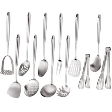 Imagem de Conjunto de utensílios de cozinha de aço inoxidável 304, utensílios de cozinha de aço inoxidável, conjunto de utensílios de cozinha grandes de metal com 12 peças, espremedor de batata, garfo, pinça