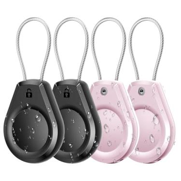 Imagem de Suporte impermeável para AirTag – (4 unidades) chaveiro de trava de airtag com cabo compatível com Apple AirTags, capa protetora ultra durável antiperda para bagagem, chave, mochila, preta/rosa