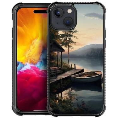 Imagem de FKBRCL4U Capa para iPhone 15, outono lago barco acampamento padrão design gráfico menina menino silicone macio acrílico proteção contra choque para iPhone 15