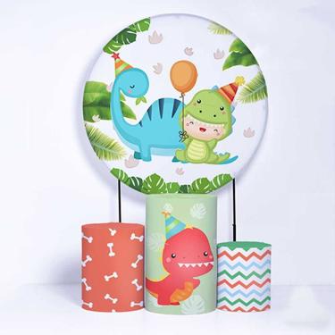 Imagem de Kit Painel de Festa Redondo de 1,80m e Trio de Cilindros Dino Baby - Fera Print