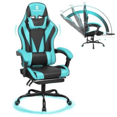 Imagem de ErgoDesign Cadeira de jogos com apoio de braço e apoio para os pés, cadeira de videogame com encosto alto, preto/azul claro