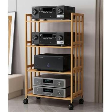 Imagem de LGEOELIAS Suporte de mídia de 2/3/4/5 níveis Suporte de áudio para leitor de CD, armário de armazenamento de componentes estéreo móvel com prateleira de madeira ajustável em altura para casa