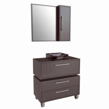 Imagem de Gabinete 80cm Alice Grafite Balcão Espelheira e Cuba Preta Armário Suspenso 2 Gavetas Para Banheiro