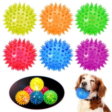 Imagem de DragonflyDreams 6 peças de brinquedos de mastigar para cães de LED espetados com bolas pontiagudas, que brilham no escuro, bola de arremesso interativa para buscar e puxar