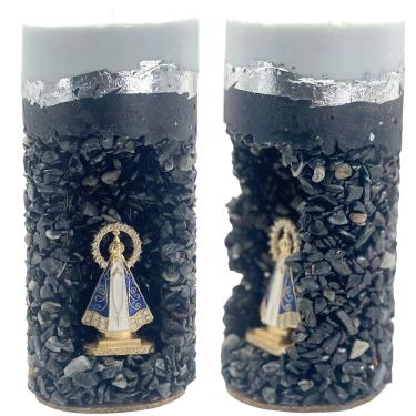 Imagem de Vela Decorativa Com Pedras Pretas Com Imagem De Nossa Senhora Aparecida