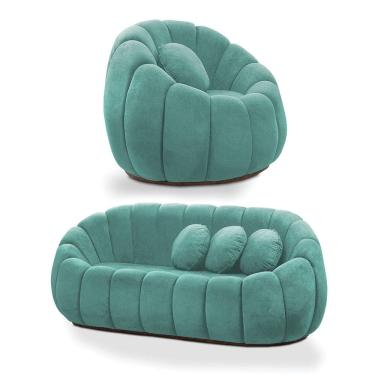 Imagem de Sofá 2 Lugares com Poltrona Giratória Orgânica Cloud Bouclê Azul Turquesa E03 - D`Rossi