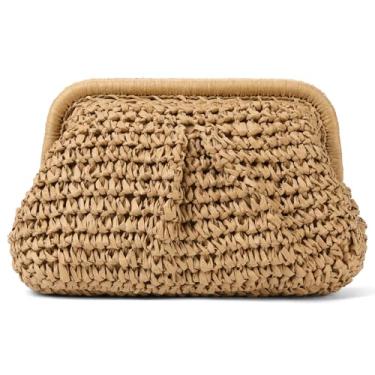 Imagem de RNIEGA Bolsas clutch de palha para mulheres, bolsa de bolinho de massa, bolsa transversal de palha, bolsas de ombro de tecido de praia de verão, Caqui, Medium