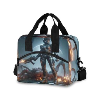 Imagem de Lancheira feminina de ficção científica guerreira e monstro com isolamento térmico reutilizável para escritório, escola, piquenique, praia