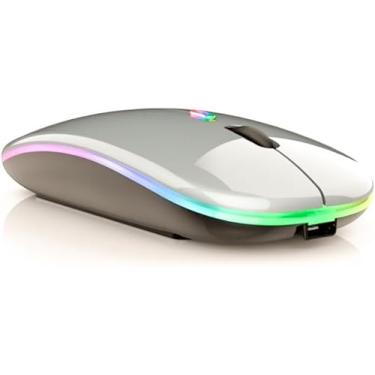 Imagem de Mouse Sem Fio Recarregável Click Silencioso Óptico LED RGB Ergonômico USB 2.4 GHz. Ideal para Notebook PC Desktop e Smart TV Bateria Durável e Rápida (Preto, Prata e Amarelo) (Prata)