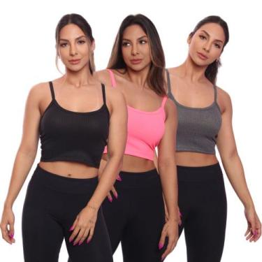 Imagem de Kit 3 Top Cropped Alcinha Canelado Feminino Lisa Básica - Brás e Cia, 