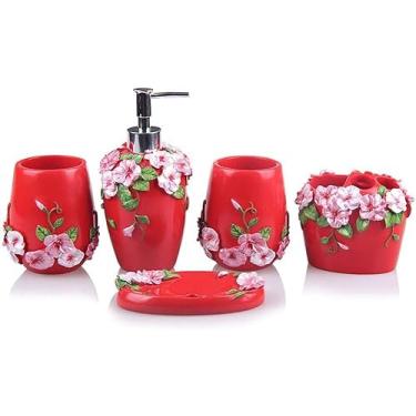Imagem de Conjunto De Acessórios Para Banheiro De 5 Peças Flores 3d Resina Inclui Dispensador De Sabão/Suporte Para Escova De Dentes/Copo/Saboneteira Para Banheiro Moderno