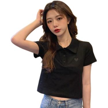 Imagem de Camisetas Para Mulheres Polo T Shirt Para Mulheres Blusa Branca Manga Curta Tees Crop Top Feminino Bordado Verão Roupas Femininas