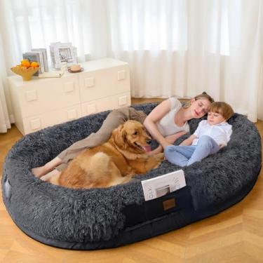 Imagem de SWITTE Cama de cachorro humana para adultos, lavável de tamanho humano grande com cobertor para pessoas cochilando, cama removível para cães gigantes com travesseiro para quarto, sala de estar ou ao