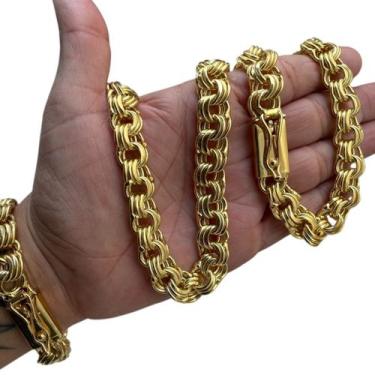 Imagem de Kit Friso Triplo 12mm Corrente + Pulseira Banhado a Ouro - ToJoia18k