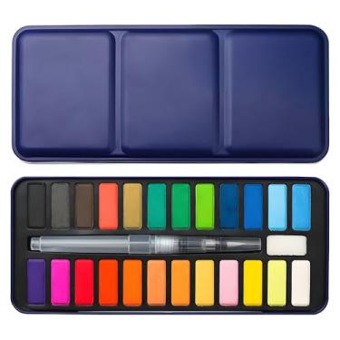 Imagem de Waremew Conjunto de tinta aquarela com 24 cores, kit de aquarela de viagem em caixa portátil, conjuntos de tinta de tinta de água para crianças e adultos, paleta de viagem com pincel de água para