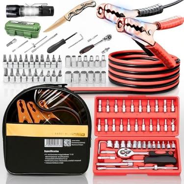 Imagem de kit ferramentas automotivas completo com cabo chupeta 3m 1200mah chave catraca 46 peças canivete tático lanterna led recarga rápida emergência carro manutenção viagem