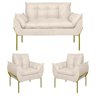 Imagem de Kit 2 Poltronas + Namoradeira Pé Metal Dourado Recepção Sala Bege