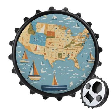Imagem de Abridor de garrafa magnético redondo ímãs de geladeira náutico mapa de veleiro abridor portátil engraçado abridor de cerveja ímãs de geladeira decorativos para casa, bar, cozinha, escritório, preto