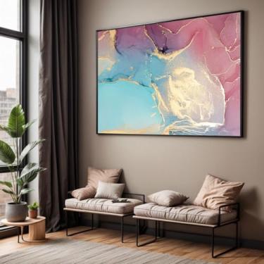 Imagem de Quadro com Moldura Sala Quarto Abstrato Azul e Rosa Mármore Decorativo Horizontal Grande Hall