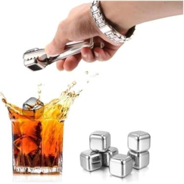 Imagem de Kit 8 Cubos de Gelo Reutilizáveis em Aço Inox para Whisky, Drinks e Bebidas – Com Pegador de Silicone, Não Dilui, Mantém o Sabor Gelado e Sofisticado