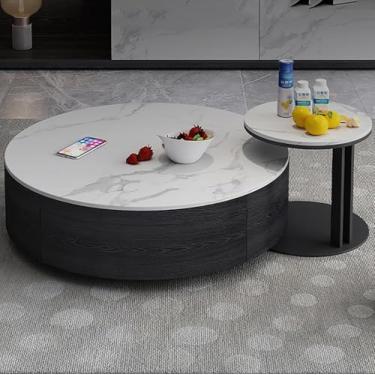 Imagem de Mesa De Centro Redonda Moderna Com Conjunto De 3 Banquetas Mesa De Centro De Exibição Minimalista De Luxo Suporte De Tv Mesa Lateral Com Gaveta Invisível Para Apartamento Pequeno, A