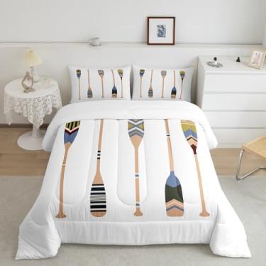 Imagem de Conjunto de edredom infantil com remo de barco, tamanho Queen, conjunto de cama de aventura e aventura de verão, decoração de quarto de meninos e homens, edredom rústico de cabana de fazenda, branco e