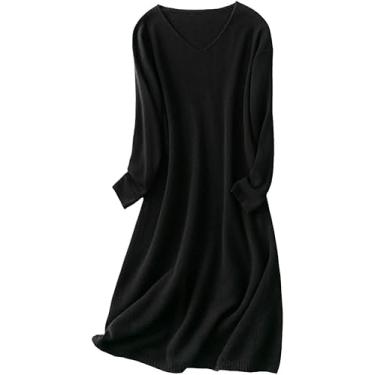 Imagem de Mulheres 100% Cashmere Vestido Outono Inverno Nova Malha V-neck Plus Size Pullover Cintura Alta Suéter De Lã, Black, M