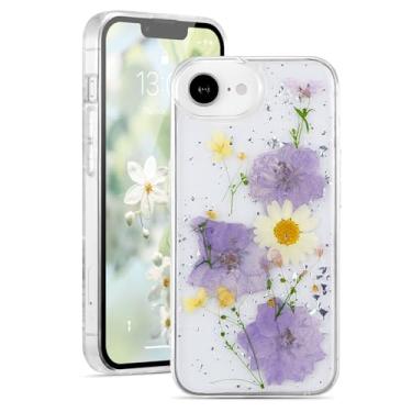 Imagem de EYZUTAK Capa para iPhone 16E, capa protetora protetora de TPU em gel de borracha macia com glitter e lantejoulas brilhantes feitas à mão com folhas verdadeiras e flores secas - azul claro