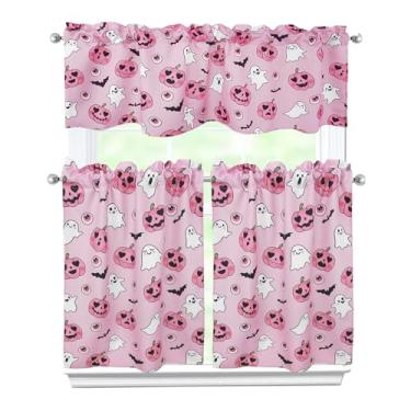 Imagem de Zifmrtrwn Cortinas de cozinha de Halloween, conjunto de 3 peças, abóbora, morcegos fantasmas, saia e camadas para cozinha, casa, interior, café, 91 cm, cortina de janela curta sobre a pia, janela