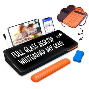 Imagem de Quadro branco de mesa de vidro apagável a seco com calculadora, quadro de mesa com bloco de notas organizado de armazenamento, suporte de teclado para escritório, escola, casa, acessórios