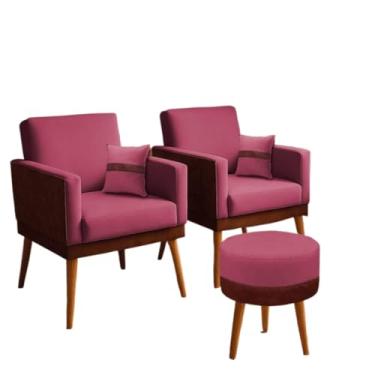 Imagem de Kit 02 Poltronas para Sala Decorativa Lis com Almofada e Puff Redondo Corino Peroba e Suede Aninha Decor (Rosa)