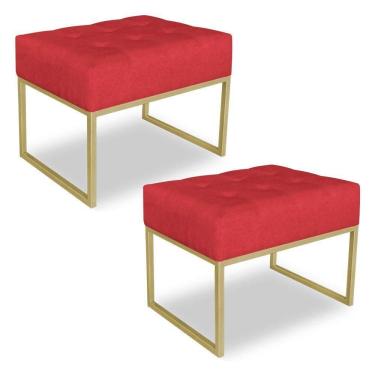 Imagem de Kit 02 Puffs Lisa Suede Vermelho Base Metálica Industrial Dourado
