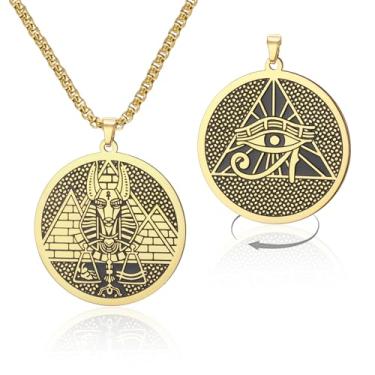Imagem de VASSAGO Colar de mitologia egípcia, aço inoxidável, olho de horus, pingente de pirâmide, medalhão, amuleto, proteção, joias egípcias para homens e mulheres, Adjustable, Aço inoxidável, Sem Pedra
