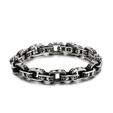 Imagem de Klapgo Pulseira masculina de aço inoxidável com elos de caveira punk motociclista gótica, corrente de esqueleto, joia de mão para homens e mulheres, presente polido para ele