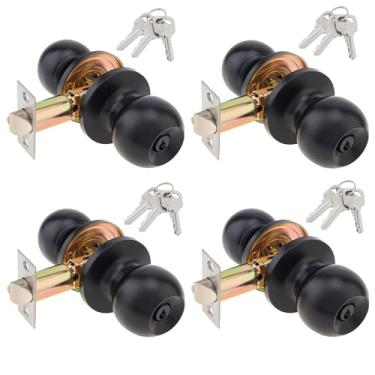 Imagem de HOJLKLD Pacote com 4 maçanetas com fechadura e chaves iguais, fechadura de entrada interna e externa para quarto ou banheiro, maçaneta de esfera de privacidade preta (chaves)