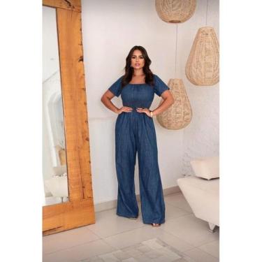 Imagem de Macacão jeans Pantalona manga curta, com elastex ajustável ao corpo - 