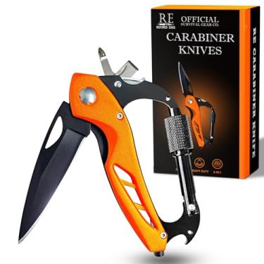 Imagem de OFFICIAL SURVIVAL GEAR Mosquetão Multiferramenta Para Atividades Ao Ar Livre, Faca Com Mosquetão, Canivete De Bolso Edc, Equipamento De Sobrevivência Com Quebra-Vidros (Laranja)