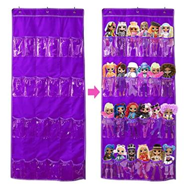 Imagem de Organizador de brinquedos para pendurar sobre a porta (24 bolsos), compatível com bonecas Barbie Surpresa da Lol Omg (brinquedos não incluídos), roxo (144 x 55 cm)