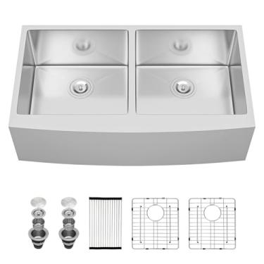 Imagem de Sarlai Tigela dupla para pia de fazenda 33 - avental de 83 x 53 cm, pia de cozinha, tigela dupla, aço inoxidável 50/50, calibre 16, pias de cozinha de fazendeiros