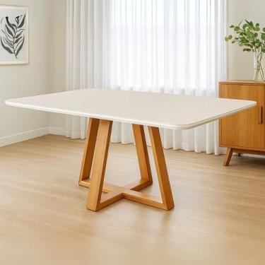 Imagem de Mesa de Jantar 160x90 Tampo Mdf/vidro para 6 Lugares Pés Madeira Maciç