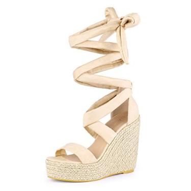 Imagem de Allegra K Sandálias femininas plataforma alpargatas com cadarço e bico aberto, Bege, 38