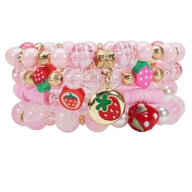 Imagem de Twinfree Pulseiras elásticas empilháveis com contas de polímero de banana cereja morango abacaxi manga e argila de polímero boêmio, One Size, Miçangas, Sem Pedra Preciosa