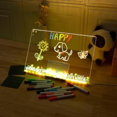 Imagem de Quadro de acrílico apagável a seco com suporte iluminado para mesa de 30 x 19,8 cm, quadro de notas de LED transparente com caneta de 12 cores, cabo de carregamento USB, pano e suporte, presentes de