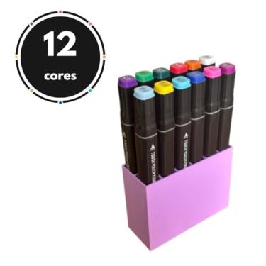 Imagem de Kit 12 Marcadores Ponta Dupla Caneta Touch com Suporte Organizador Cor Lilás Pintura Colorir