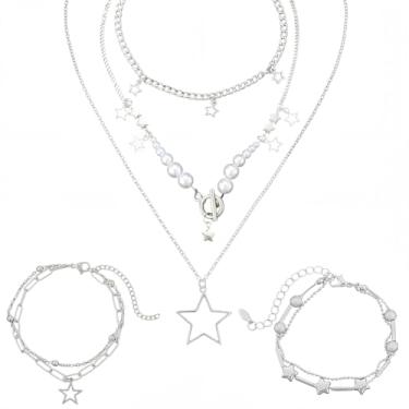 Imagem de SUNNYCLUE Conjunto de 2 conjuntos de joias em camadas, pulseiras estéticas, gargantilha de estrela de prata, moda, vintage, multifios, corrente fofa kawaii, ajustável, em camadas, colares para