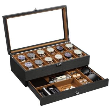 Imagem de Uten Caixa de relógio com 12 compartimentos, caixa de exibição de relógio de madeira maciça de 2 camadas com tampa de vidro, organizador de relógio com almofada macia e forro de veludo, caixa de