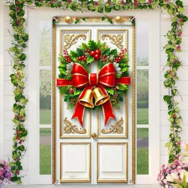 Imagem de BlissYard Faixa dourada para porta de Natal com sino de 89 x 189 cm, decoração de parede com laço vermelho, bagas de azevinho e folhas de pinheiro verde para decoração de entrada de boas-vindas no