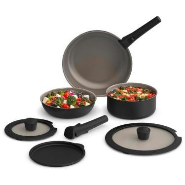 Imagem de Jogo de Panelas e Frigideiras, 8 Peças com Cabo Removível e Revestimento Antiaderente Cerâmico EverGood™, BELLA, Preto