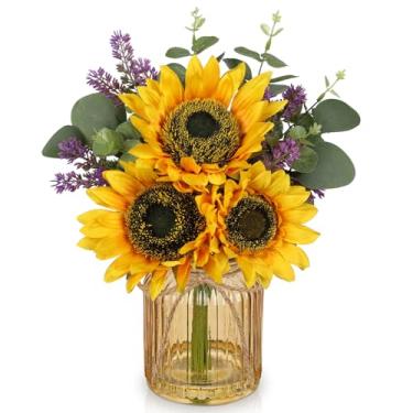 Imagem de Oairse Flores falsas em vaso, girassóis, flores artificiais com vaso, girassóis, centros de mesa para arranjo de flores de seda para casa de fazenda, casa, cozinha, banheiro, festa de casamento